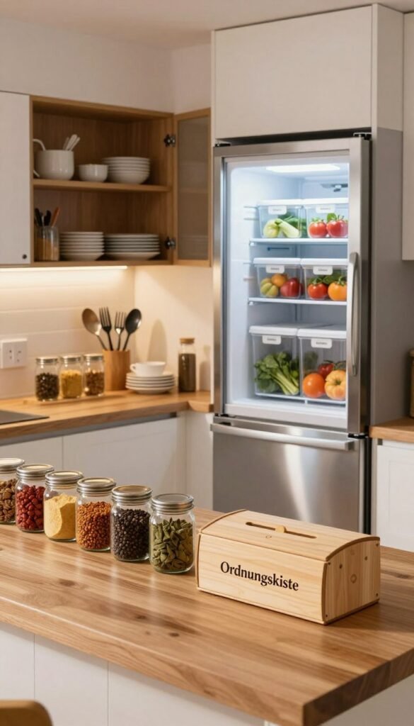 A meticulously organized kitchen space highlighting a bright, airy atmosphere. In the foreground, a beautiful wooden countertop showcases neatly arranged jars filled with colorful spices, while a stylish bread box labeled "Ordnungskiste" adds charm. The middle ground features an open cabinet displaying neatly stacked dishes and organized utensils, creating a sense of order. A stainless steel refrigerator glows softly in the background, featuring clear containers with fresh produce and a deep freezer beneath, each labeled for efficiency. Soft, warm lighting enhances the inviting mood, casting gentle shadows that emphasize the tidy layout. Capture the essence of peaceful cooking and efficient storage, embodying a Pinterest-worthy aesthetic of organization and tranquility.