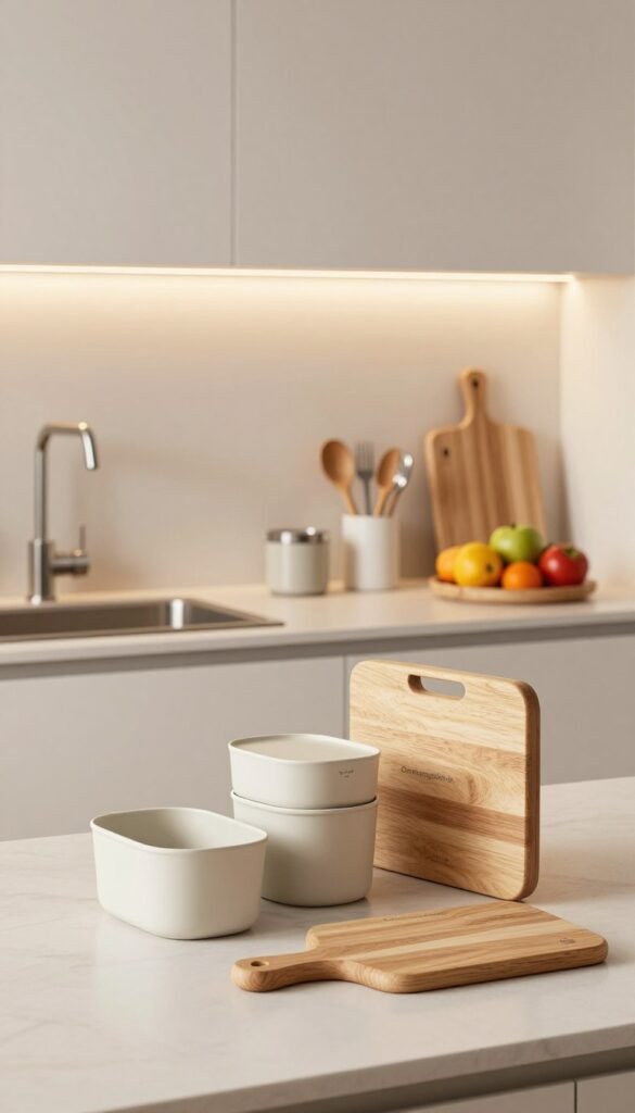 A minimalist kitchen design featuring sleek cabinetry and organized surfaces, showcasing practical kitchen tools by the brand "Ordnungskiste." In the foreground, a stylish arrangement of essential kitchen helpers such as elegant storage containers and a streamlined cutting board. The middle layer displays a clean countertop with a modern kitchen sink and a subtle array of cooking utensils, emphasizing functionality and aesthetics. The background features soft, warm lighting that creates an inviting atmosphere, illuminating natural wood textures and stainless steel accents. The scene should evoke a Pinterest-worthy aesthetic with a harmonious blend of neutral tones and pops of color from fresh ingredients, promoting an organized and serene kitchen environment.