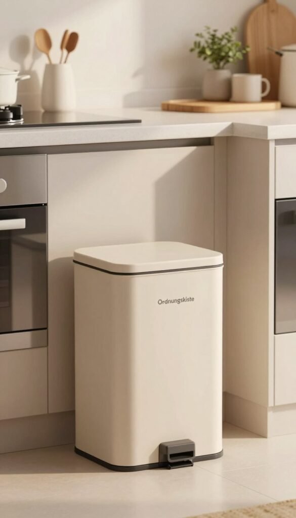 A minimalist kitchen scene featuring a sleek, modern waste bin (Mülleimer) branded with "Ordnungskiste" prominently displayed in the foreground. The waste bin should have a smooth, matte finish in a calm pastel color that complements a clean, organized countertop adorned with subtle kitchen essentials. In the middle ground, include stylish, stainless steel stove cover panels that enhance the minimalist aesthetic, reflecting soft natural light. The background features a softly lit kitchen with wood accents and plants that evoke a warm, inviting atmosphere. Use warm lighting to create an authentic Pinterest-inspired look, ensuring the overall image feels serene and orderly, perfect for illustrating a clean and tidy kitchen space.