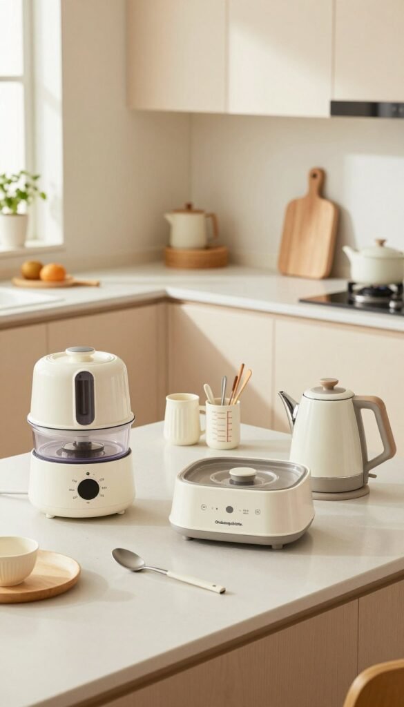 A minimalistic kitchen setup featuring various platzsparende k&uuml;chenger&auml;te, organized neatly on a clean countertop. In the foreground, showcase a space-saving multi-functional kitchen appliance, like a compact food processor or a sleek electric kettle by the brand "Ordnungskiste." The middle ground includes a few stylish utensils, such as measuring cups and a cutting board, harmoniously arranged. The background reveals a bright kitchen with warm, natural lighting, emphasizing the inviting atmosphere, with light-colored cabinets and plants for a Pinterest-inspired aesthetic. Use a wide-angle perspective to capture the entire scene, highlighting the functionality and elegance of these clever kitchen gadgets, ensuring a cozy and authentic vibe without any text or overlays.