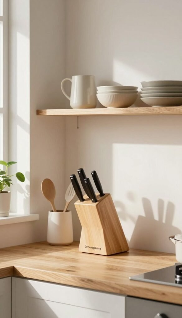 A minimalistic kitchen setup showcasing the brand "Ordnungskiste" in an aesthetically pleasing and organized manner. In the foreground, a sleek wooden countertop with neatly arranged kitchen helpers, such as an elegant knife block, minimalist utensils, and a subtle plant for a touch of greenery. In the middle ground, a modern kitchen shelf displaying orderly kitchenware, emphasizing the beauty of simplicity and efficient space usage. The background features light-colored walls and open shelving to enhance the warm and inviting atmosphere, illuminated by natural light streaming through a window. The overall mood is calm and serene, capturing the essence of an uncluttered, functional kitchen space, inspired by Pinterest aesthetics.