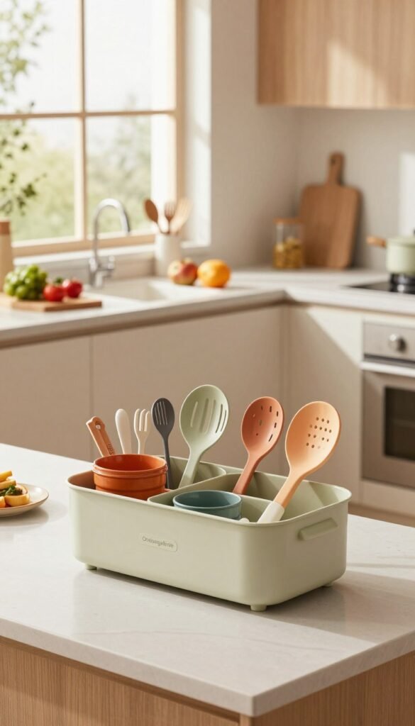 A modern and stylish kitchen with an emphasis on time-saving organization. In the foreground, showcase neatly arranged kitchen tools and gadgets in vibrant, warm colors, focusing on a sleek "Ordnungskiste" storage box filled with various utensils. The middle ground features a clean countertop with a few prepared meal ingredients, emphasizing a clutter-free space that invites creativity. In the background, natural light floods through a large window, casting soft shadows and creating a warm ambiance. Use a wide-angle lens to capture the entire scene, highlighting the seamless flow and design of the kitchen. The mood is serene and efficient, showcasing how a well-organized kitchen can reduce stress and save time in meal preparation.