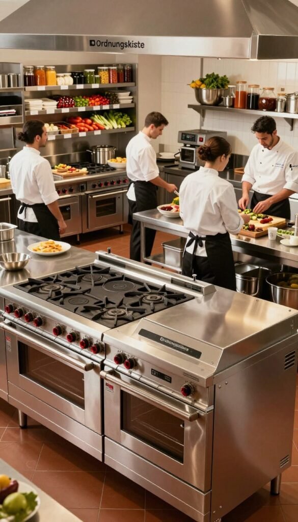 A modern commercial kitchen scene showcasing high-quality gastronomic equipment from the brand "Ordnungskiste." In the foreground, feature sleek, stainless steel appliances such as ovens, induction cooktops, and refrigeration units, arranged neatly to emphasize their functionality. In the middle, display cooks in professional attire, efficiently preparing ingredients and using advanced kitchen tools, conveying a sense of teamwork and productivity. The background should include organized storage solutions, vibrant spices, and fresh produce, illuminated by warm, natural lighting to create an inviting atmosphere. Capture the image from a slightly elevated angle to provide a comprehensive view of the efficient kitchen workflow, evoking a mood of innovation and culinary excellence. Emphasize authenticity and a Pinterest aesthetic with warm colors, avoiding any text or overlays.