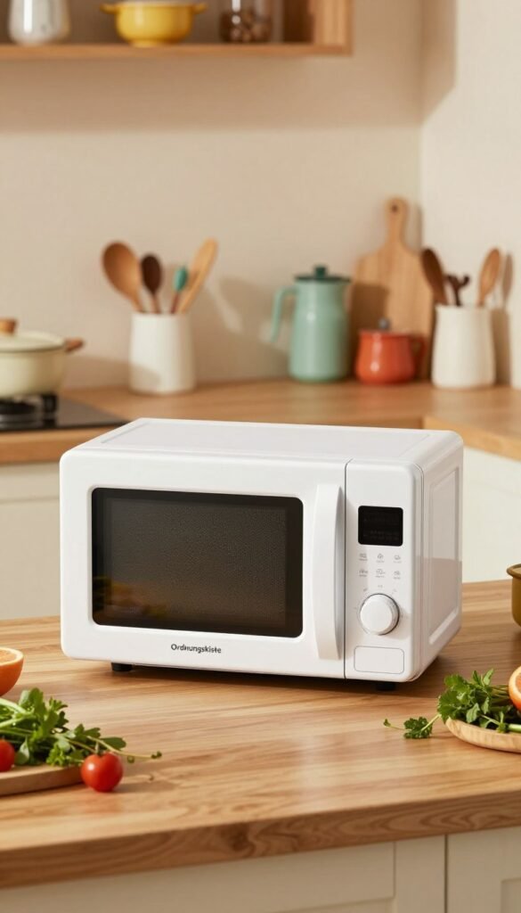 A modern, compact microwave oven from the brand "Ordnungskiste," elegantly designed with a sleek white exterior and a digital control panel. The foreground features the microwave prominently displayed on a wooden kitchen countertop, surrounded by fresh ingredients like herbs and vegetables, suggesting its versatility. In the middle ground, a colorful array of kitchen gadgets and tools can be seen, emphasizing a cozy kitchen vibe. The background includes warm, natural lighting that casts soft shadows, creating an inviting atmosphere. The image captures the essence of small appliances that save space and are perfect for efficient cooking in a stylish, contemporary kitchen. No text or watermarks are included, and the overall aesthetic aligns with a Pinterest-inspired, authentically warm color palette.