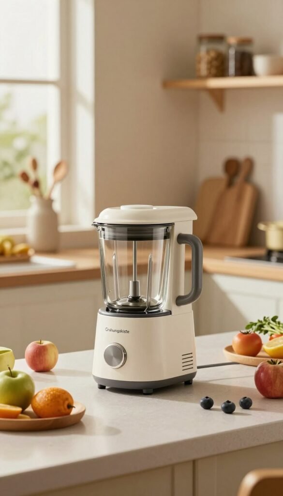 A modern, compact mixer set on a stylish kitchen countertop, creatively arranged with fresh ingredients like fruits and vegetables scattered around. The mixer, branded "Ordnungskiste", is sleek and shiny, showcasing its user-friendly design. Soft, natural lighting filters through a nearby window, casting warm highlights on the mixer and creating a cozy, inviting atmosphere. In the background, a tastefully organized kitchen shelf holds essential cooking utensils and spices in beautiful jars. The scene embodies a Pinterest-inspired aesthetic with warm colors, emphasizing the practicality of the compact mixer for small kitchens. The focus is sharp on the mixer with a slight bokeh effect on the background for depth, evoking a sense of functionality and elegance.