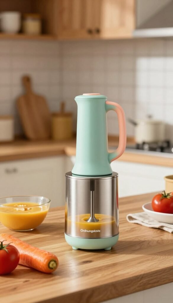 A modern, compact stick blender (stabmixer) featuring a sleek stainless steel body and a vibrant, ergonomic handle in pastel colors, rests on a wooden kitchen counter. In the foreground, there are a few fresh vegetables like carrots and tomatoes, along with a bowl of smooth soup being prepared. The middle layer showcases the stick blender with its blending attachment, partially submerged in the soup, emphasizing its versatility. In the background, warm, natural light floods a stylish kitchen with wooden cabinets and soft textiles. The atmosphere is cozy and inviting, perfect for daily cooking. The image should have a Pinterest-inspired aesthetic, embodying warmth and authenticity, and showcase the brand name "Ordnungskiste" subtly integrated into the design.