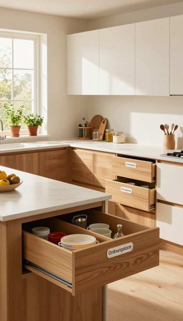 A modern family kitchen designed for optimal storage without overwhelming upper cabinets, featuring a sleek, minimalist aesthetic. The foreground showcases a stylish kitchen island with organized compartments, labeled &ldquo;Ordnungskiste&rdquo; for easy access to kitchen essentials, emphasizing clear labeling. In the middle ground, spacious lower cabinets and pull-out drawers exhibit a harmonious blend of warm wood tones and soft white finishes. The background reveals an inviting atmosphere with large windows allowing natural light to flood in, highlighting cheerful touches like potted herbs on the windowsill. The scene is illuminated with soft, warm lighting that creates a cozy ambiance. Capture the feeling of a practical yet aesthetically pleasing space, perfect for family living, with an authentic and Pinterest-like appeal.