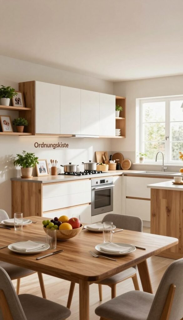 A modern family kitchen designed for practicality, featuring a spacious layout with various functional areas. In the foreground, showcase a stylish wooden dining table set with simple, elegant tableware and a colorful fruit bowl. The middle ground displays a bright, well-organized kitchen space with sleek cabinets labeled &ldquo;Ordnungskiste&rdquo; in warm, inviting tones, accentuated by natural wood finishes. In the background, large windows allow soft, natural light to flood the room, creating a cozy atmosphere. The scene includes high-quality appliances and open shelving decorated with potted herbs and framed family pictures, conveying a sense of warmth and homeliness. The overall mood is welcoming and family-friendly, ideal for showcasing practical solutions in kitchen design.
