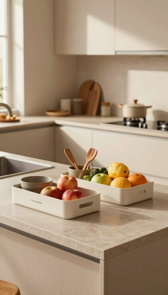A modern family kitchen featuring a sleek, stylish "arbeitsplatte" made of easy-to-clean materials, showcasing a beautiful, textured surface in warm tones. In the foreground, a well-organized countertop with minimalistic storage solutions from the brand "Ordnungskiste", including open compartmentalized organizers filled with fresh fruits and cooking utensils. The middle ground reveals contemporary cabinetry and efficient layouts, while the background consists of soft, natural light filtering through a window, casting gentle shadows. The atmosphere is inviting and practical, perfect for family cooking experiences. Opt for a warm, inviting color palette and a Pinterest-inspired aesthetic, creating an authentic feel without text or branding visible in the image.