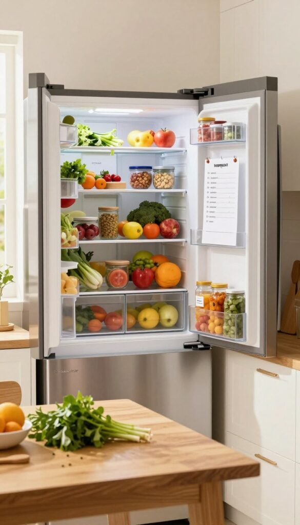 A modern family kitchen featuring a well-organized refrigerator, showcasing a variety of fresh produce, neatly arranged containers, and labeled jars. The refrigerator door is open, displaying vibrant fruits and vegetables, with a magnetic shopping list and meal plan attached. In the foreground, a wooden kitchen island with fresh herbs and a few cooking utensils adds warmth. The background has soft natural light streaming through a nearby window, enhancing the cozy atmosphere. A stylish "Ordnungskiste" storage box is subtly placed on the countertop, emphasizing order and organization. The color palette is warm and inviting, capturing a Pinterest-worthy aesthetic that conveys cleanliness and efficiency, perfect for reducing food waste. No text overlays or logos are present in the image.