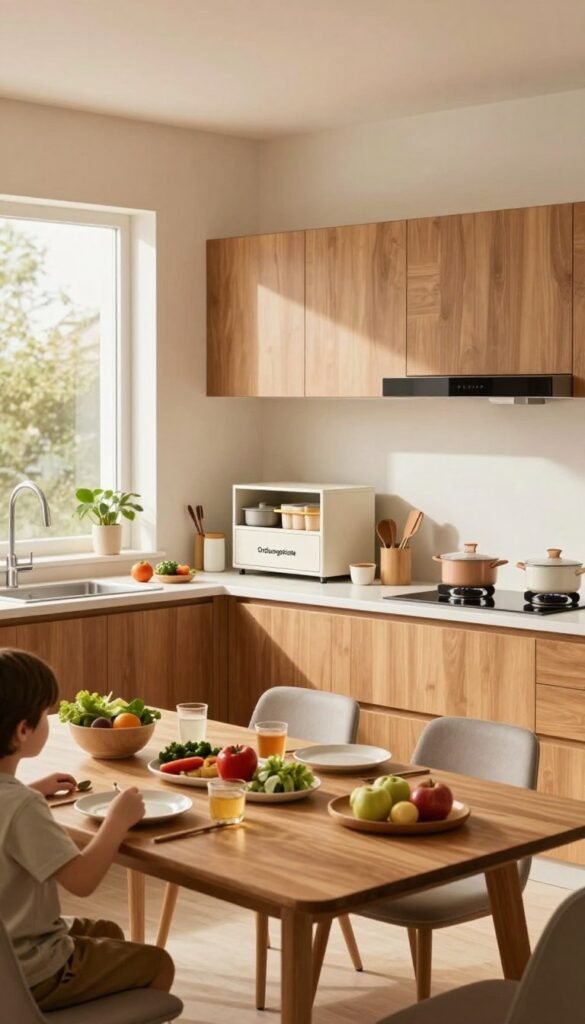 A modern family kitchen, showcasing a spacious layout with warm, inviting colors. In the foreground, a large wooden table is set for a family meal, adorned with fresh ingredients, pots, and kitchen utensils. The middle ground features sleek cabinets made of high-quality materials, highlighting a blend of functionality and aesthetics. The background includes a large window, allowing natural light to flood in, creating a bright and cheerful atmosphere. A trendy "Ordnungskiste" storage solution is neatly placed on the counter, emphasizing organization. The scene conveys a cozy, family-friendly environment perfect for daily cooking. The lighting is soft and warm, with a focus on creating a homey yet stylish ambiance. The angle captures a wide view of the kitchen, embodying a Pinterest-worthy aesthetic without any text or distractions.