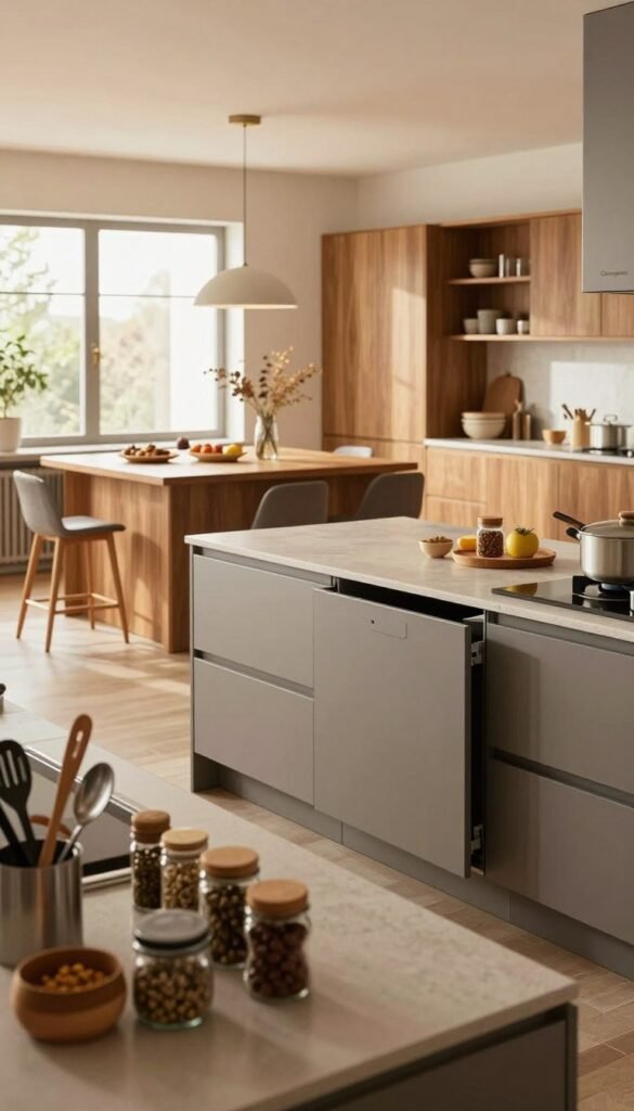 A modern, grifflose K&uuml;che designed for a family, showcasing sleek cabinet doors with integrated handles and soft-close mechanisms, emphasizing efficiency. In the foreground, neatly arranged cooking utensils and spices on a clean countertop made of natural stone. In the middle, a large island with an inviting atmosphere, featuring comfortable seating and warm wooden accents, with a stylish pendant light above. The background shows large windows allowing natural light to fill the space, enhancing the warm colors of the cabinetry and decor. The overall mood is cozy and inviting, reflecting a Pinterest-worthy aesthetic. The brand name "Ordnungskiste" is subtly incorporated into the kitchen elements without direct branding. Use a warm, balanced lighting setup to highlight textures, captured from an eye-level angle.