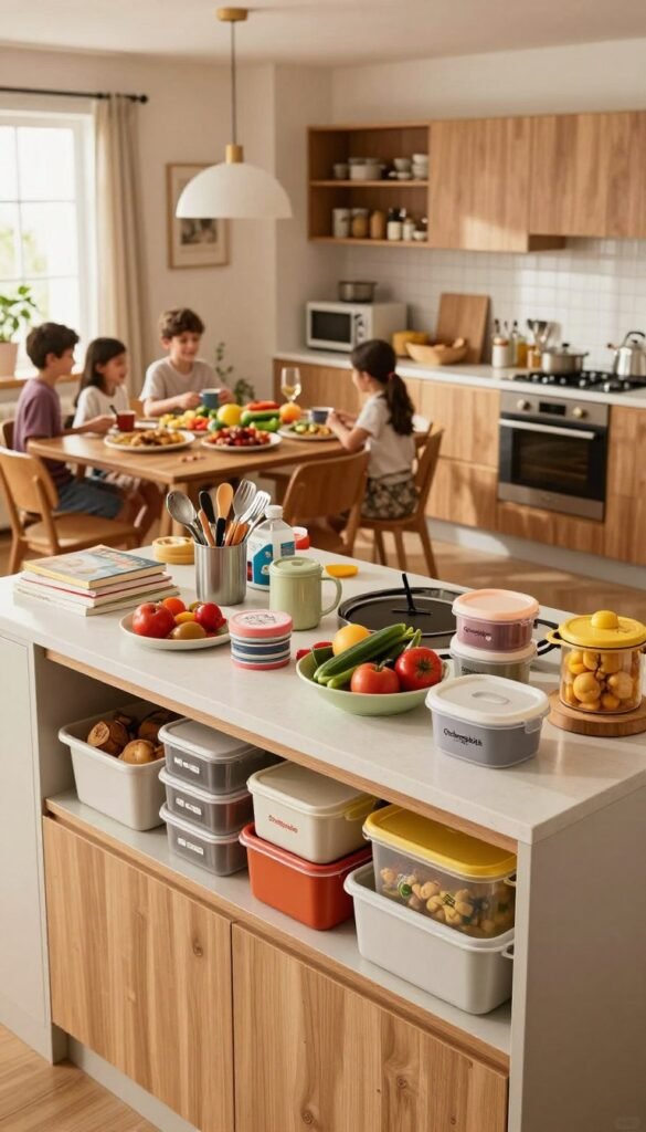 A modern, inviting family kitchen with a cluttered but warm atmosphere, featuring a prominent workspace. In the foreground, a well-organized counter with various storage solutions, including colorful containers from "Ordnungskiste," revealing the chaos of cooking activities. In the middle, utensils, vegetables, and cookbooks scattered around, embodying the hectic nature of family meal preparation. The background showcases a cozy dining area with a wooden table set for a casual family meal. Soft, natural lighting floods the scene, highlighting warm tones in the cabinetry and decor. A wide-angle perspective captures the interplay between order and chaos, establishing a relatable mood that reflects daily life in a family kitchen.