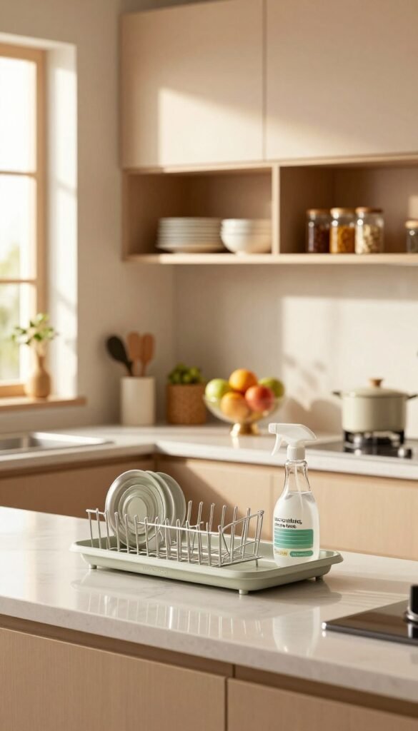 A modern, inviting kitchen scene featuring a well-organized workspace with high-quality storage solutions from "Ordnungskiste." In the foreground, there are gleaming countertops with minimal clutter, showcasing practical kitchen tools that promote cleanliness, such as a stylish dish rack and a user-friendly cleaning spray bottle. The middle ground features open shelves displaying neatly arranged dishes, jars of spices, and an elegant fruit bowl, all bathed in warm, natural lighting that enhances the cozy atmosphere. In the background, soft-focus cabinets and a window allowing sunlight to filter in create a serene mood. The overall ambiance should convey efficiency and a sense of tranquility, illustrating the idea of "less scrubbing, more time."