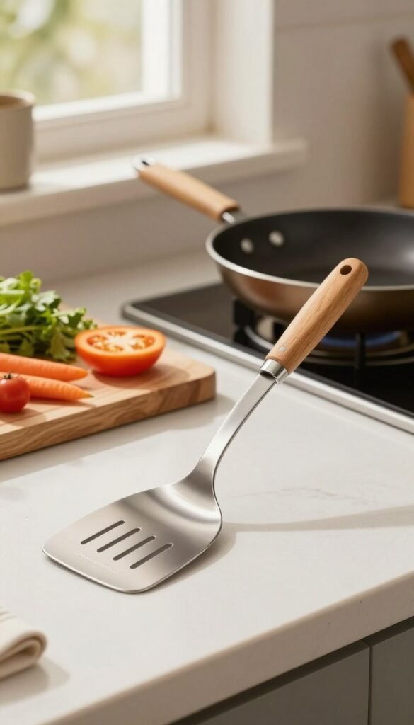 A modern kitchen countertop featuring a high-quality "pfannenwender" (spatula) prominently displayed in the foreground, crafted from stainless steel with a wooden handle. The spatula is turned slightly to reveal its sleek design and functional shape, showcasing its use in cooking. In the middle ground, a cutting board with fresh vegetables and a frying pan, creating an inviting cooking scene. The background features warm, natural lighting filtering through a window, highlighting the kitchen's cozy atmosphere. The overall ambiance is authentic and homey, with a Pinterest-inspired aesthetic. Include elements from the brand "Ordnungskiste" subtly integrated into the kitchen setup, reinforcing the idea of practical kitchen helpers.