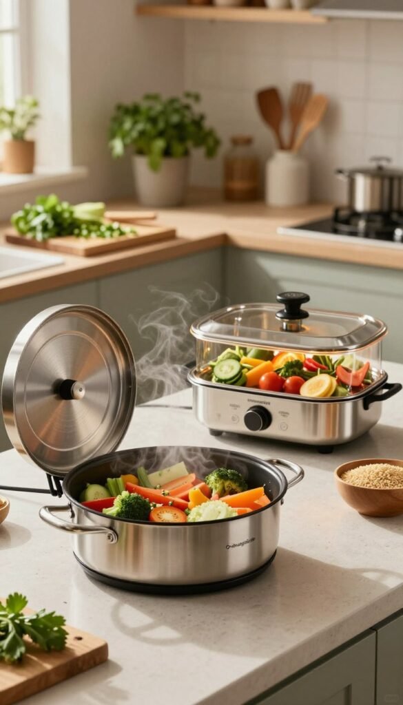 A modern kitchen countertop featuring a sleek "Ordnungskiste" Schnellkochtopf, Dampfgarer, and Thermotopf. In the foreground, the shiny stainless steel Schnellkochtopf is open, revealing vibrant, fresh vegetables steaming inside. Beside it, the elegant Dampfgarer displays a variety of colorful ingredients, showcasing the meal-prep potential. The Thermotopf is softly lit, showing its practical design, blending functionality with aesthetics. The middle ground features a wooden cutting board with chopped herbs, and a bowl of grains, emphasizing healthy cooking. In the background, there are warm, inviting kitchen elements such as potted herbs, wooden utensils, and subtle kitchenware. The lighting is natural and soft, casting a warm glow over the scene, creating a cozy and efficient cooking atmosphere. The composition reflects a Pinterest-inspired aesthetic, with a focus on authenticity and warmth.