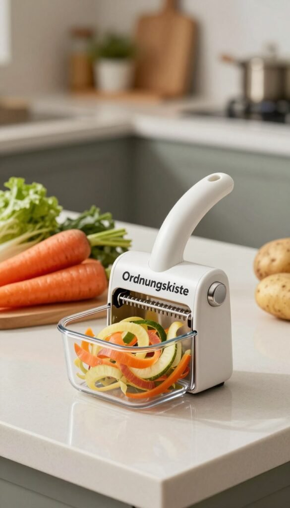 A modern kitchen countertop featuring a stylish "Ordnungskiste" potato peeler with a built-in catching container for peels, designed in a sleek, contemporary style. In the foreground, focus on the peeler, showcasing its ergonomic handle and the clear, spacious container filled with colorful vegetable peels. In the middle ground, include fresh vegetables like carrots and potatoes ready for use, arranged neatly around the peeler. The background should be softly blurred with warm, inviting kitchen decor, hinting at a cozy home atmosphere. Utilize soft, natural lighting to create a welcoming mood, enhancing the textures and colors of the vegetables. The composition should evoke a sense of efficiency and cleanliness, ideal for showcasing a time-saving kitchen helper.