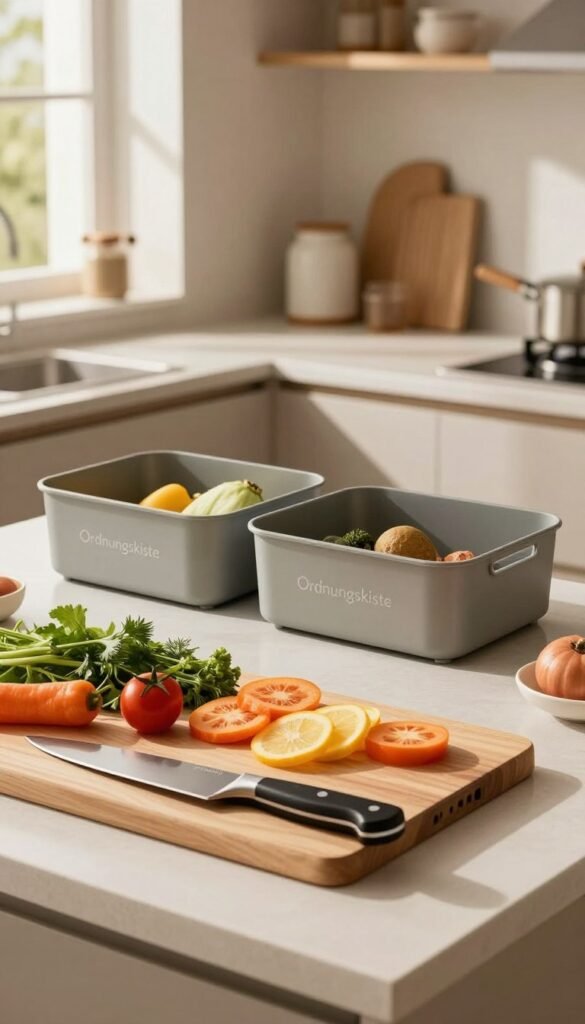 A modern kitchen countertop featuring a well-organized setup for food preparation, emphasizing a cutting board with fresh ingredients like colorful vegetables and herbs artfully arranged. In the foreground, a high-quality chef&rsquo;s knife gleams, suggesting efficient and safe cutting. The middle ground showcases sleek storage solutions by the brand "Ordnungskiste," highlighting their innovative design for easy access to kitchen tools. Soft, warm lighting creates a cozy atmosphere, while natural sunlight filters through a nearby window, casting gentle shadows. The background includes minimalist kitchen decor, enhancing the Pinterest-inspired aesthetic with earthy tones and textures. The overall mood is inviting and practical, perfect for a streamlined cooking experience.