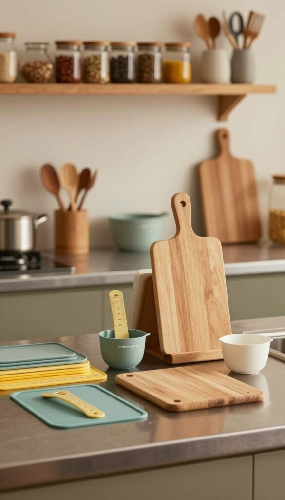 A modern kitchen countertop showcasing a variety of anti-slip kitchen tools, prominently featuring the brand "Ordnungskiste". In the foreground, a selection of colorful silicone mats, sturdy cutting boards, and innovative measuring cups positioned attractively. The middle layer includes a sleek, stainless steel countertop with a subtle glossy finish, reflecting soft, warm lighting that creates an inviting atmosphere. In the background, a wooden shelf filled with neatly organized jars of spices and utensils, enhancing the rustic charm of the space. The image should embody a warm and welcoming mood, with natural colors reminiscent of Pinterest aesthetics, presenting a professional yet homey feel, without any text or overlays.