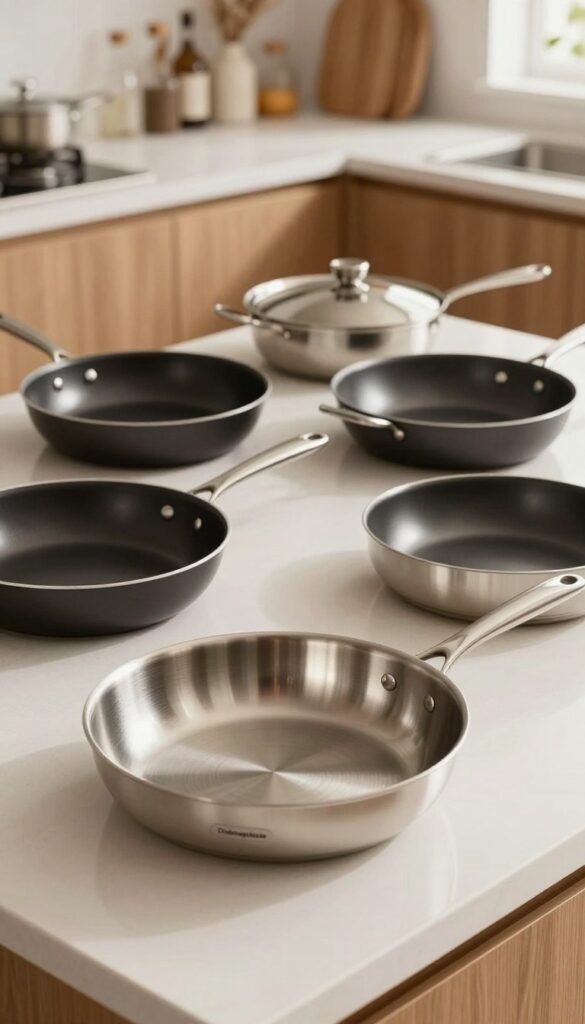 A modern kitchen countertop showcasing an array of high-quality frying pans, emphasizing their diverse materials such as stainless steel, cast iron, and non-stick surfaces. In the foreground, an elegant frying pan made of shiny stainless steel glistens under soft, warm lighting, highlighting its ergonomic handle. In the middle ground, various pans are artistically arranged, showcasing different sizes and finishes, while the background features a tasteful kitchen setting with wooden cabinets and soft, natural decor. The overall atmosphere is inviting and homely, evoking a Pinterest-inspired aesthetic. The brand name "Ordnungskiste" subtly appears on a tag attached to one of the pans, reinforcing a sense of quality and organization.