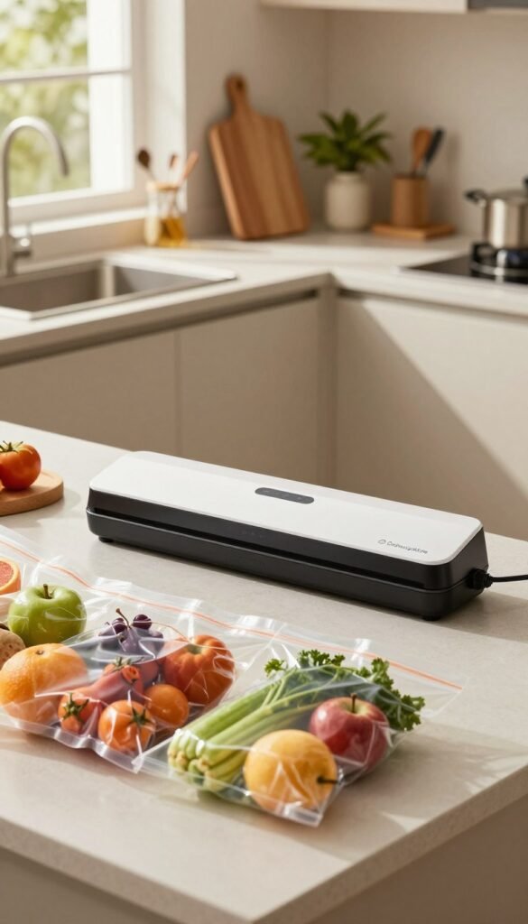 A modern kitchen countertop with an organized setup featuring a sleek vacuum sealer by "Ordnungskiste". In the foreground, a variety of fresh fruits and vegetables are placed neatly in vacuum-sealed bags, showcasing their vibrant colors and freshness. The middle layer includes a stylish cutting board with utensils, hinting at meal preparation. In the background, warm, natural lighting filters through a nearby window, casting soft shadows and creating an inviting atmosphere. The kitchen decor is minimalistic yet cozy, with touches of greenery, adding to the freshness theme. Capture this scene with a shallow depth of field to emphasize the vacuum sealing process, evoking a sense of efficiency and modern home management.