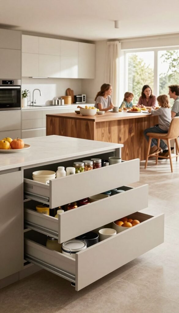 A modern kitchen designed for multi-generational living, featuring stylish "Ordnungskiste" cabinets that grow and adapt to family needs. In the foreground, showcase elegant pull-out drawers filled with organized kitchen essentials, emphasizing clever storage solutions. The middle layer includes an inviting island with a warm wood finish, surrounded by comfortable seating for family gatherings. The backdrop reveals a bright, airy kitchen with large windows allowing natural light to flood in, creating a cozy atmosphere enriched by warm colors. The scene is meticulously arranged, highlighting the seamless blend of functionality and aesthetics in a contemporary kitchen design. Soft, diffused lighting enhances the inviting feel, with a wide-angle perspective that captures the entire kitchen space without any text or distractions.