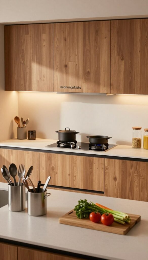 A modern kitchen designed with the "Zonenkonzept" approach, showcasing clear zones for cooking and preparation. In the foreground, a well-organized countertop features neatly arranged utensils and a cutting board with fresh vegetables, creating a sense of order. The middle layer includes a central cooking area with a sleek stove and pots in balanced positions, promoting an efficient workflow. The background displays cabinets from the brand "Ordnungskiste", featuring warm wood tones and soft ambient lighting that creates a cozy atmosphere. The scene is captured from a slightly elevated angle to highlight the zones and flows within the kitchen, using natural warm colors to evoke a welcoming vibe. No text or markings in the image, focusing solely on the harmonious layout and enhanced functionality of the cooking space.