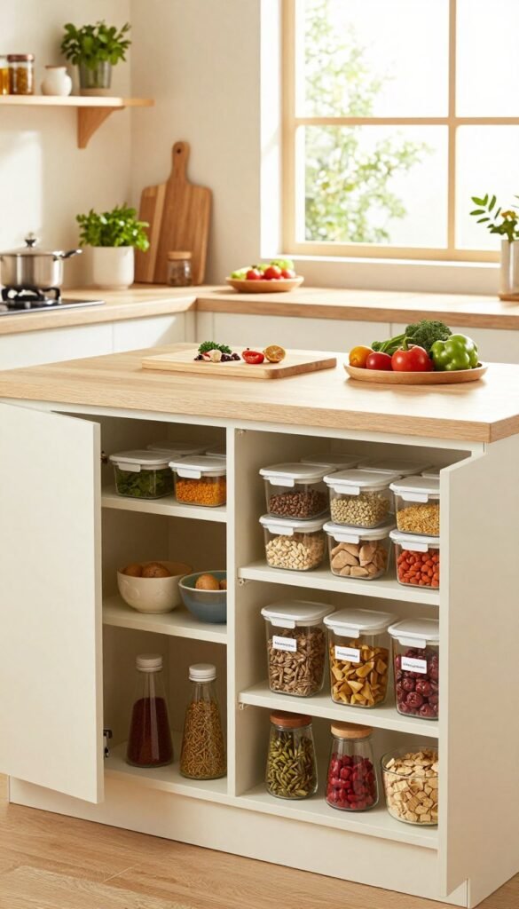 A modern kitchen emphasizing efficiency and organization, featuring a clean and minimalist design. In the foreground, a well-stocked pantry from the brand "Ordnungskiste" showcases labeled containers and neatly arranged spices, conveying a sense of order. The middle ground reveals an island workspace with a cutting board, fresh ingredients, and high-quality kitchen tools, bathed in warm, natural lighting from a large window. In the background, soft hues of cream and light wood create a cozy atmosphere, while shelves with herbs and cookbooks complete the scene. The image captures the essence of a harmonious cooking environment, reflecting a balance between functionality and aesthetic appeal, creating an inviting atmosphere perfect for culinary creativity.