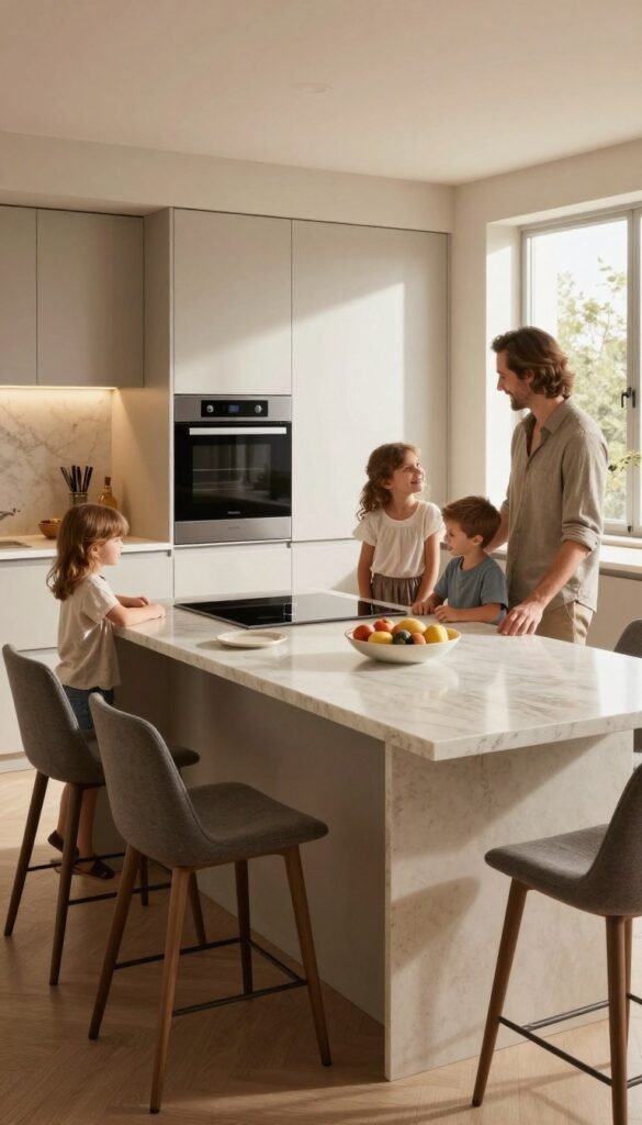 A modern kitchen featuring a beautifully designed kitchen island at an ergonomic height, designed for both adults and children. The foreground showcases the island made of sleek quartz with an inviting warm tone, surrounded by high-backed chairs suitable for all ages. In the middle ground, an open space blends seamlessly with high-quality appliances from the brand "Ordnungskiste," emphasizing accessibility. The background reveals soft, natural lighting streaming through large windows, creating a cozy and inviting atmosphere. The composition captures elements of multi-generational interaction, with a focus on usefulness and aesthetic appeal. The overall mood is warm, welcoming, and functional, reflecting an ideal kitchen setup for diverse family needs.
