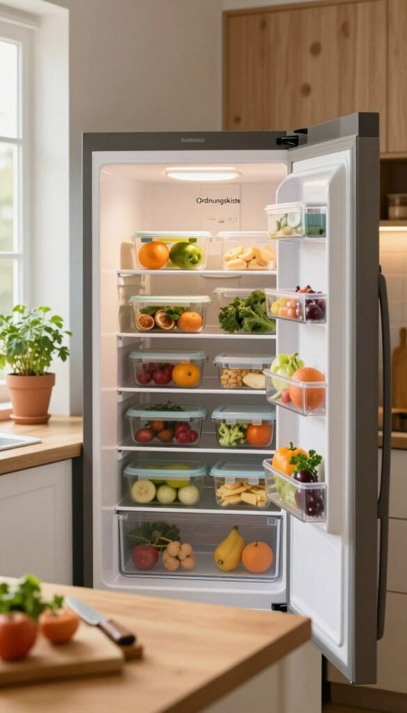 A modern kitchen featuring a neatly organized "Ordnungskiste" refrigerator, filled with colorful meal prep containers showcasing fresh fruits, vegetables, and prepared dishes. The foreground includes a wooden countertop with a cutting board and kitchen utensils, hinting at meal preparation. In the middle, the refrigerator door is open, with a soft glow illuminating the contents inside. The background features a cozy kitchen atmosphere with warm lighting, wooden cabinets, and potted herbs on the windowsill. Utilize a shallow depth of field to create focus on the contents of the refrigerator, enhancing the image's inviting mood. Capture a natural, Pinterest-inspired aesthetic that feels authentic and homely, with an emphasis on hygiene and organization for safe meal prep.