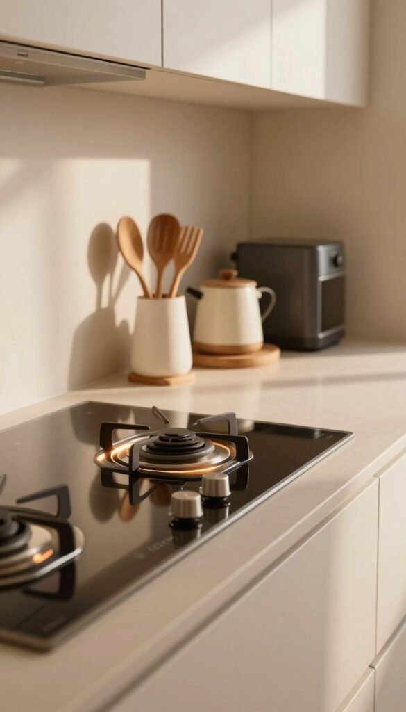 A modern kitchen featuring a sleek cooktop extractor (Kochfeldabzug) strategically integrated into the countertop to maximize space. The foreground includes the polished cooktop with minimalist design elements and a stylish extractor seamlessly embedded, illuminated by warm lighting to create an inviting atmosphere. In the middle ground, various kitchen utensils and appliances are neatly organized, highlighting efficiency in a compact environment. The background showcases light-colored cabinetry, emphasizing a Pinterest-inspired aesthetic with an emphasis on natural materials and warm tones. The visual mood conveys a blend of elegance and functionality, demonstrating how "Ordnungskiste" products can enhance small kitchen spaces beautifully. The overall scene is naturally lit, creating soft shadows to enhance depth and warmth.