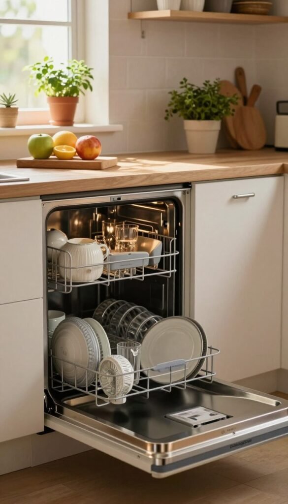 A modern kitchen featuring a sleek, high-end dishwasher branded "Ordnungskiste" as the focal point. In the foreground, the dishwasher door is opened, showcasing neatly arranged clean dishes and glassware inside, reflecting soft, warm light. The middle of the image includes a countertop with fresh fruits and a cutting board, hinting at a functional environment. In the background, natural light streams through a window, illuminating potted herbs and a stylish backsplash, adding to the cozy atmosphere. The overall mood is inviting and organized, embodying the idea of "less stress, more order." The colors are warm and earthy, reminiscent of Pinterest aesthetics, creating an authentic and calming kitchen setting.