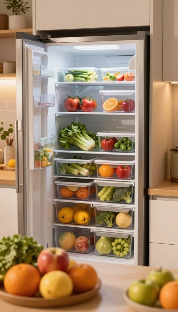 A modern kitchen featuring a well-organized "k&uuml;hlschrank" with clear storage systems. In the foreground, vibrant fruits and vegetables are neatly arranged in transparent containers, showcasing the freshness of the produce. The middle ground focuses on the refrigerator itself, with its sleek design, stainless steel finish, and labeled compartments for easy access. The background includes a cozy kitchen setting with warm, ambient lighting creating an inviting atmosphere. The scene conveys a sense of order and efficiency with a touch of homeliness. The brand name "Ordnungskiste" is subtly integrated into the design of the storage solutions, promoting a Pinterest-worthy aesthetic. Use a soft focus lens effect to enhance the warmth of the colors, capturing the essence of organized living. No text or logos apart from the brand name are visible in the image.