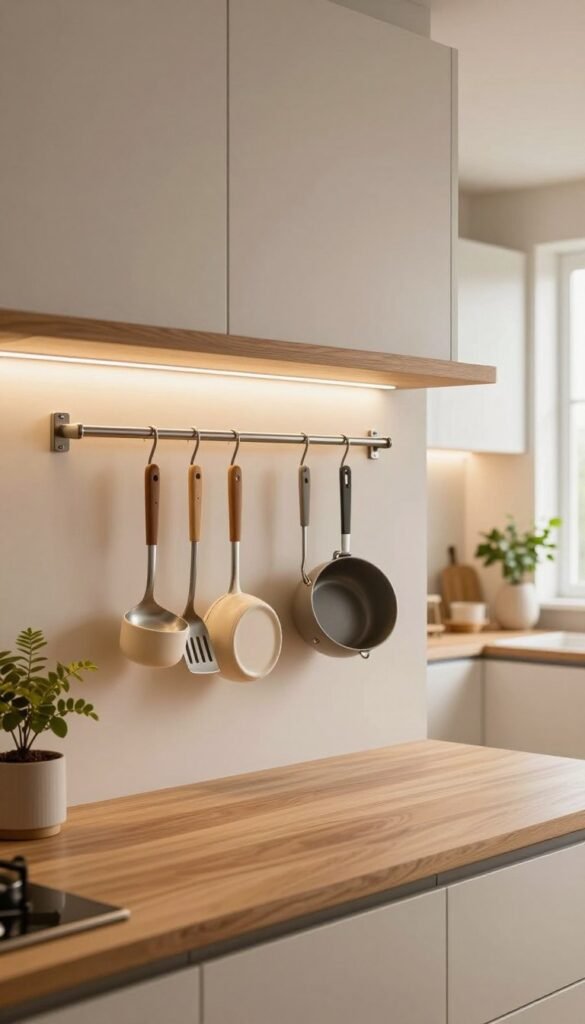 A modern kitchen featuring an elegant "Reling H&auml;ngesystem" by Ordnungskiste in warm, natural tones. In the foreground, a polished wooden countertop with neatly organized kitchen utensils hanging from the wall-mounted railing system, showcasing pots, pans, and cooking tools. The middle-ground displays a stylish kitchen environment, accentuated by soft, diffused lighting creating a cozy atmosphere. A simple, minimalist design, with plants and modern storage solutions enhancing the space. The background reveals a bright, airy kitchen with light-colored cabinetry and a hint of natural light streaming in from a window, adding depth and warmth to the scene. The overall mood is inviting and functional, ideal for maximizing space without sacrificing style.