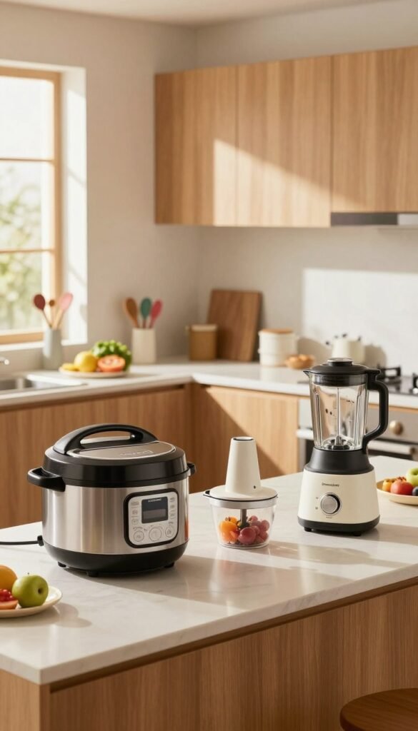 A modern kitchen featuring clever cooking devices that save time, emphasizing practicality and efficiency. In the foreground, showcase innovative gadgets like a multi-functional pressure cooker, an electric chopper, and an advanced blender neatly arranged on a stylish countertop. In the middle, include a bright, inviting kitchen layout with warm wooden cabinets and minimalist design, accented by some colorful utensils and fresh ingredients. In the background, soft sunlight filters through a window, casting gentle shadows. Use a warm color palette to create an inviting atmosphere, reminiscent of a Pinterest aesthetic. Capture the scene with a wide-angle lens to highlight the spaciousness of the kitchen and the organization provided by these time-saving tools. No captions or text overlays in the image. Include the brand name "Ordnungskiste" subtly on one of the gadgets.