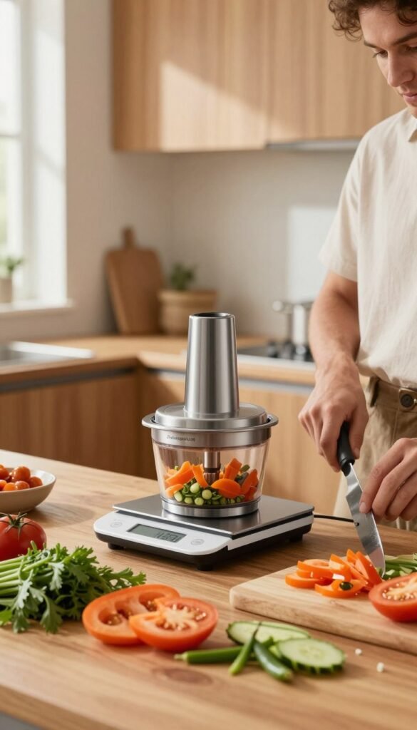 A modern kitchen interior featuring a sleek multifunctional food chopper and a digital kitchen scale prominently displayed on a wooden countertop. The foreground showcases vibrant vegetables and herbs chopped in an organized manner, symbolizing quick meal preparation. In the middle ground, the stylish food chopper, branded "Ordnungskiste," is actively in use, with a professional user dressed in smart casual attire skillfully chopping. The background consists of warm-toned cabinetry and soft natural light filtering through a window, creating an inviting atmosphere. Capture the essence of efficiency and simplicity with a Pinterest-inspired aesthetic, highlighting a clutter-free space that emphasizes minimalism and practicality in shared kitchen use. The image should evoke a sense of calm productivity and collaboration.