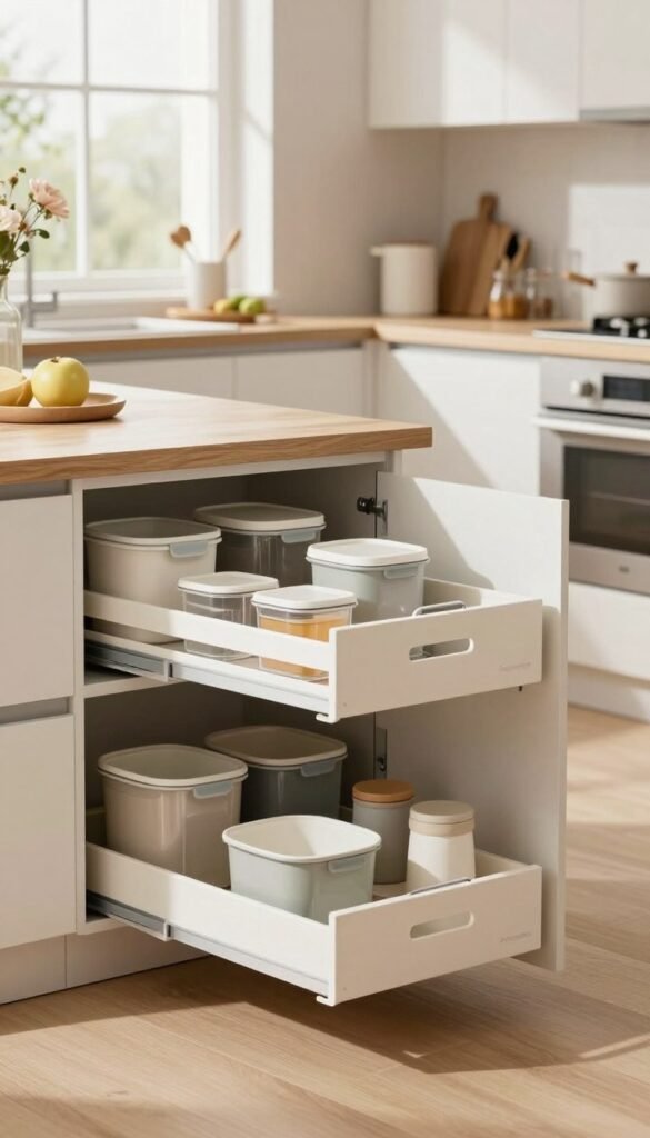 A modern kitchen interior featuring a well-organized space that highlights various organizational systems ideal for family kitchens. In the foreground, showcase stylish storage solutions from the brand "Ordnungskiste," including neatly arranged containers, drawer dividers, and pull-out racks. The middle ground should display a functional kitchen island with a minimalist design, emphasizing clean lines and a warm color palette of whites, soft greys, and natural wood tones. In the background, depict large windows allowing natural light to flood the room, creating a bright and inviting atmosphere. The scene should evoke a sense of calm and order, suitable for a cozy family cooking environment, with soft shadows for depth and warmth. The image should have a Pinterest-inspired aesthetic, providing an authentic look without any text or other elements.