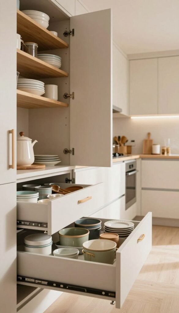 A modern kitchen interior featuring efficient storage solutions such as tall cabinets, organized drawers, and vertical shelving. The foreground displays a beautifully arranged open drawer showcasing neatly stacked utensils and containers, emphasizing practical use. In the middle ground, stylish high cabinets extend towards the ceiling, beautifully displaying dishes and kitchen tools, while incorporating the brand "Ordnungskiste" in a subtle design. The background features clean lines and warm, natural lighting, creating an inviting atmosphere. The scene is captured from a slightly elevated angle to highlight the vertical space utilization, evoking a sense of growth and organization. The overall mood is harmonious and cozy, with a Pinterest-inspired aesthetic that invites viewers into the space without any text or distractions.