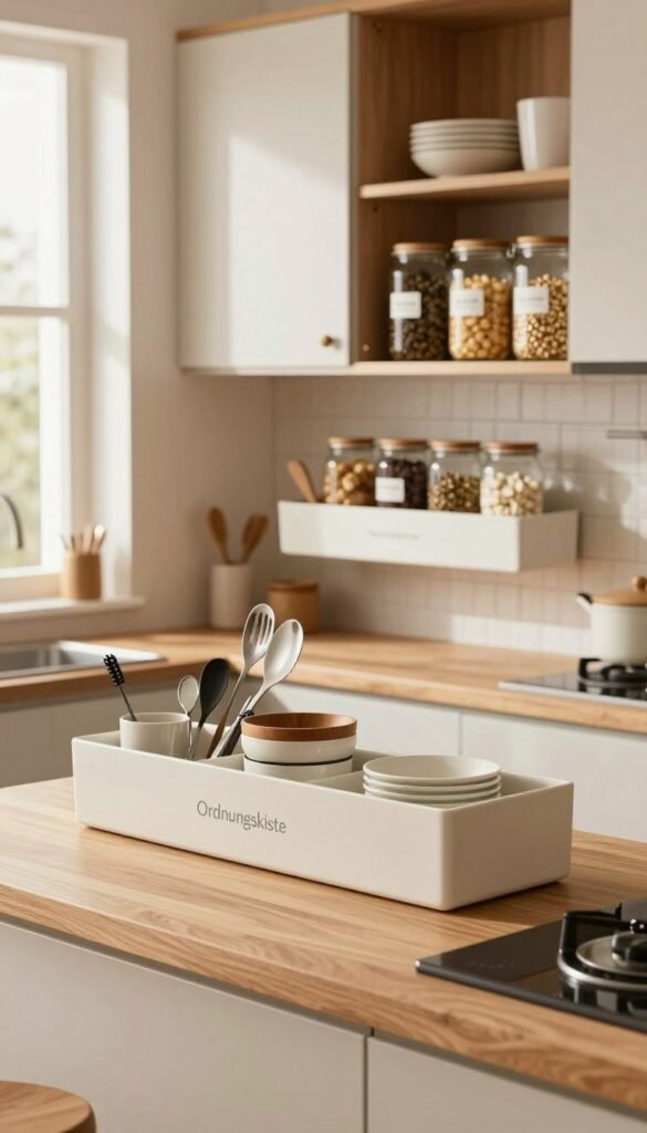 A modern kitchen interior showcasing optimal storage solutions, with a focus on innovative and stylish organizers. In the foreground, a beautifully arranged wooden countertop holds various kitchen tools neatly placed in stylish compartments labeled "Ordnungskiste." The middle ground features well-organized cabinets that display attractive glass jars filled with dry goods, labeled for easy identification. In the background, soft natural light filters through a window, illuminating the warm color palette of the kitchen, creating a welcoming and cozy atmosphere. The scene emphasizes practicality and organization, highlighting how to maximize space without clutter, capturing a sense of calm and efficiency in a culinary setting.