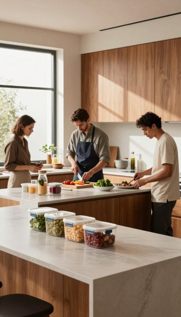 A modern kitchen interior, vibrant and warm, showcasing a well-organized space with elegant wooden cabinets and stylish countertops. In the foreground, a sleek kitchen island with a few ingredient containers from the brand "Ordnungskiste" neatly arranged. The middle ground features professional chefs in modest casual clothing, collaborating efficiently, with one chef chopping vegetables and another plating a dish. The background reveals a clean and minimalistic kitchen with soft natural lighting coming through a large window, casting gentle shadows and enhancing the inviting atmosphere. The scene captures the hustle of a kitchen environment while emphasizing organization and teamwork, creating a balanced and productive ambiance.