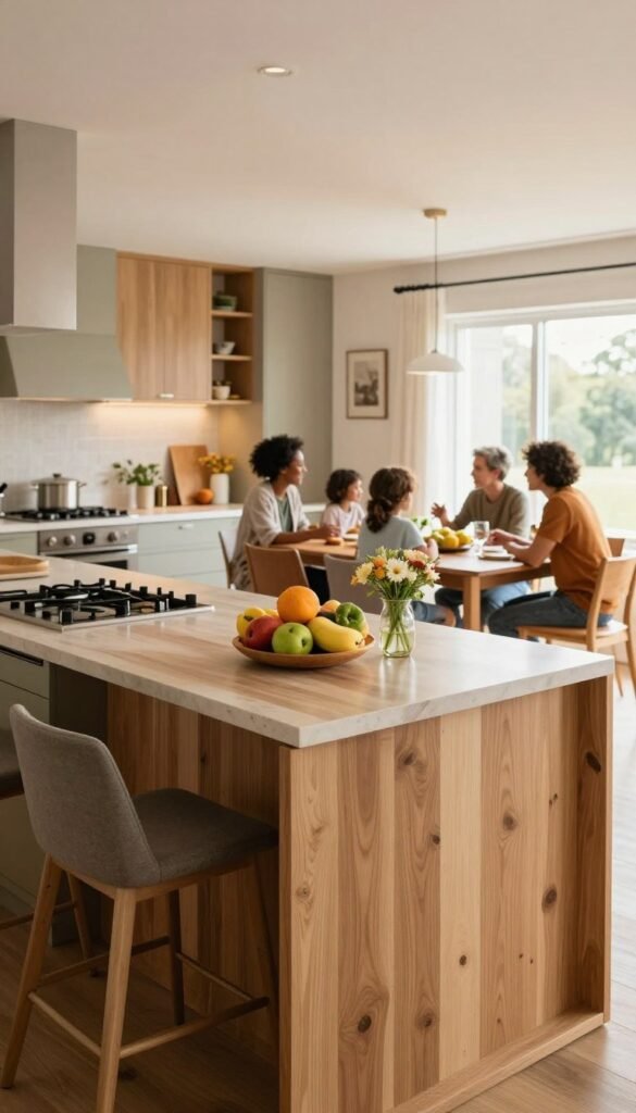 A modern kitchen island as the centerpiece of a multi-generational home, showcasing an inviting and warm atmosphere. In the foreground, a stylish kitchen island made of natural wood with a sleek countertop, adorned with vibrant fruits and a small vase of fresh flowers. In the middle ground, a family-friendly dining area with a wooden table surrounded by comfortable chairs, featuring a diverse group of casually dressed individuals engaged in lively conversation. In the background, a spacious kitchen with warm lighting, elegant cabinetry, and a large window allowing natural light to flood in. The décor is balanced and organized, reflecting the brand "Ordnungskiste", imparting a Pinterest-worthy aesthetic to the scene. The photo is taken with a soft-focus lens to enhance the warm colors, creating an inviting and harmonious atmosphere.
