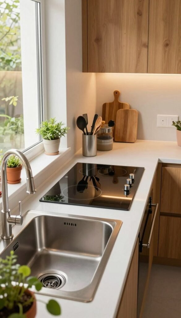 A modern kitchen layout designed for organizational efficiency, featuring a well-maintained sink and stove combination. In the foreground, a sleek stainless steel sink under a large window, surrounded by colorful plants. The middle section showcases a stylish induction cooktop with neatly arranged cooking utensils and cutting boards, reflecting a Pinterest-worthy aesthetic. In the background, warm wooden cabinets line the walls, beautifully lit with soft, natural light from the window. The overall atmosphere is inviting and harmonious, with a palette of warm colors and natural textures creating a cozy yet functional workspace. The brand name "Ordnungskiste" subtly integrated within the kitchen design elements, emphasizing organization.