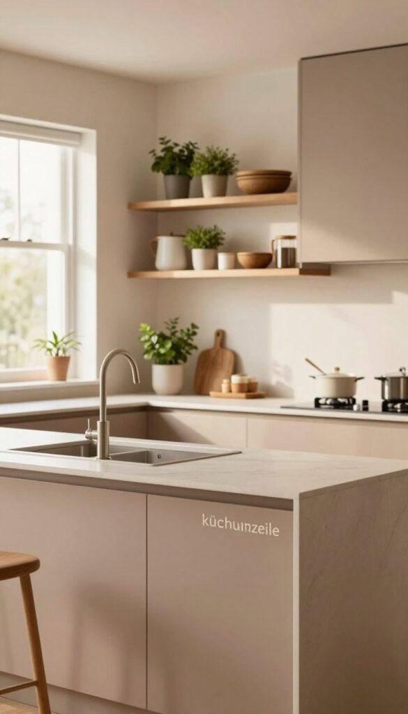 A modern kitchen layout featuring a stylish "k&uuml;chenzeile" design with clean lines and warm, inviting colors. In the foreground, showcase sleek cabinetry and a functional countertop with an elegant sink, complemented by a minimalistic kitchen island. The middle ground focuses on open shelving decorated with tasteful kitchenware and potted herbs, creating a cozy atmosphere. The background includes a well-lit window offering natural light that highlights the textures of the materials used. Capture the essence of a Pinterest-worthy kitchen, showcasing the brand "Ordnungskiste" subtly integrated into the design. The lighting is soft and warm, enhancing the homey feel of the space, with a shallow depth of field to draw attention to the kitchen features.