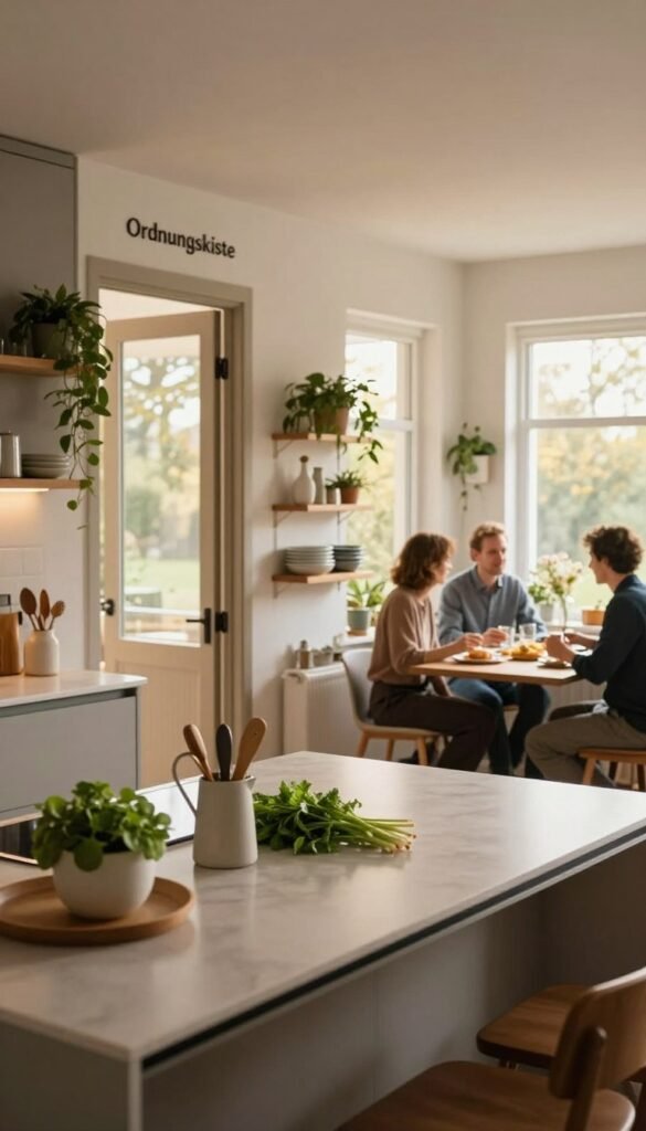 A modern kitchen layout showcasing "Ordnungskiste" design elements, emphasizing optimal use of space around doors and windows. The foreground features a sleek kitchen island with an organized countertop, adorned with fresh herbs and minimalist kitchen tools. In the middle, open shelving displays neatly arranged dishware, while strategically placed plants add a touch of greenery. The background reveals large windows allowing warm, natural light to flood in, enhancing the inviting atmosphere. A cozy dining nook is visible, with professional attire-clad individuals enjoying a meal together. Capture the scene with a soft focus lens to create a warm, Pinterest-inspired aesthetic that embodies the essence of functional and stylish kitchen zones.