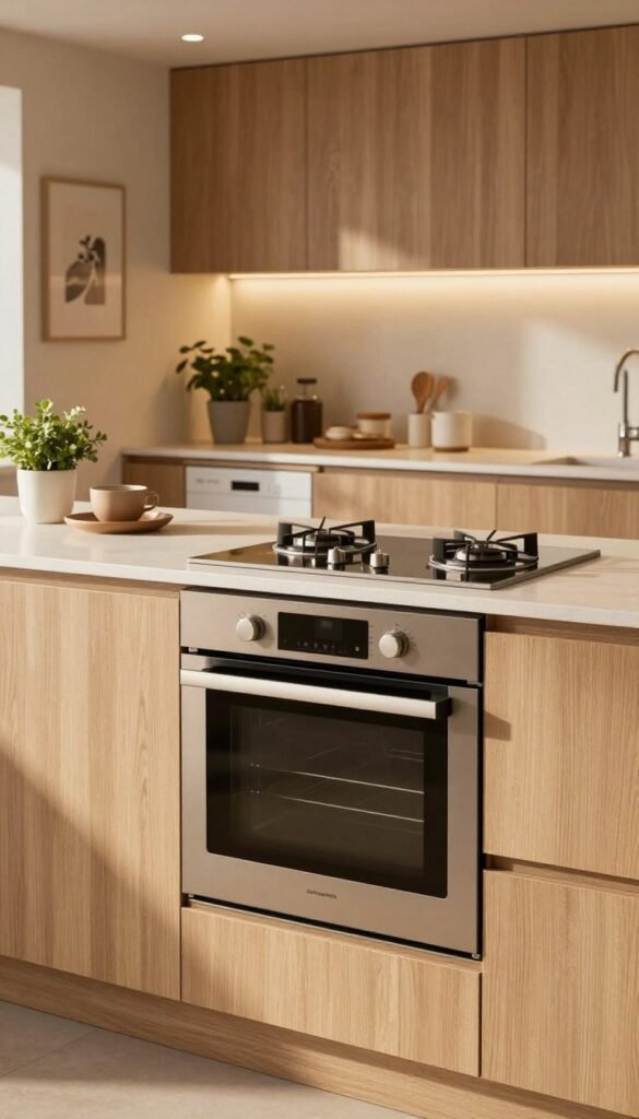 A modern kitchen layout showcasing a well-positioned built-in oven as the focal point. In the foreground, highlight the sleek design of the oven with warm metallic finishes, complemented by an elegant countertop adorned with small kitchen accessories. In the middle, include a stylish arrangement of a dishwasher and other large appliances, set against a backdrop of natural wood cabinets and soft, ambient lighting that creates a cozy atmosphere. In the background, incorporate decorative elements like potted herbs and contemporary wall art to enhance the inviting feel. The overall color palette should consist of warm, neutral tones, reflecting a Pinterest-worthy aesthetic. The brand "Ordnungskiste" should be subtly represented through kitchen organization items. Emphasize a clean, clutter-free environment to embody an efficient family kitchen space.