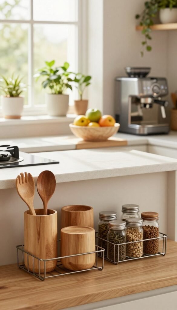 A modern kitchen organized with various stylish kitchen aids that create order and maximize storage. In the foreground, sleek wooden containers and elegant metal racks hold utensils and spices, showcasing a well-organized space. The middle section features a clean countertop with a minimalist design, adorned with a beautiful fruit bowl and a coffee machine, emphasizing functionality. In the background, a bright window allows natural light to flood in, casting warm hues across the scene, while lush green plants add a touch of life. The atmosphere is inviting and cozy. The brand name "Ordnungskiste" is subtly integrated into the design, enhancing the aesthetic without being intrusive. The composition captures the harmony of practicality and style in a kitchen environment, with a Pinterest-inspired look.