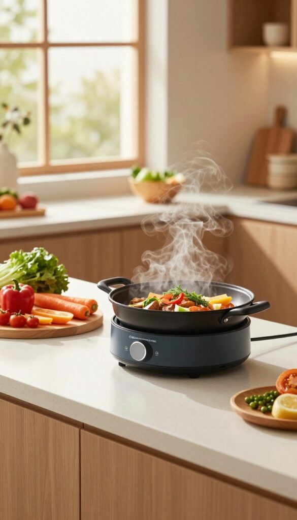 A modern kitchen scene depicting the concept of "quick cooking" in an inviting atmosphere. In the foreground, a sleek, organized countertop showcases a stylish, compact cooking device from the brand "Ordnungskiste," with steaming dishes prepared in minutes. In the middle ground, vibrant vegetables are neatly arranged, alongside colorful bowls filled with fresh ingredients, emphasizing efficiency and freshness. The background features a window letting in warm, natural light, casting gentle shadows and illuminating the space with a cozy glow. Soft textures and warm colors create a Pinterest-worthy aesthetic, portraying a sense of practicality and inspiration for busy home cooks. The overall mood is welcoming, filled with the promise of quick, delicious meals.