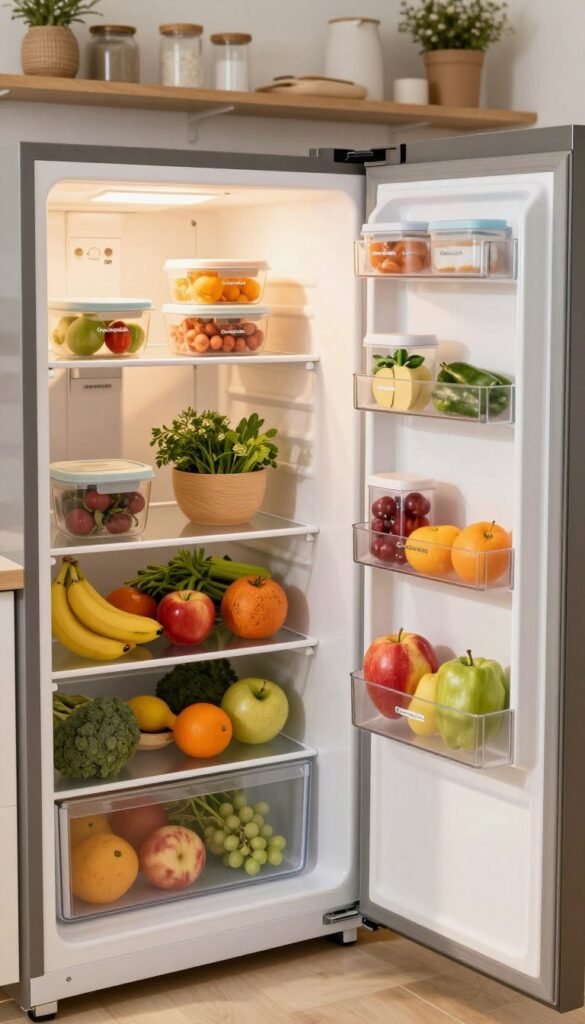 A modern kitchen scene featuring a clean, organized refrigerator in the foreground, filled with colorful fruits, vegetables, and neatly stacked containers from the brand &ldquo;Ordnungskiste.&rdquo; The refrigerator door is open, revealing an interior that showcases clear storage bins for easy access and visibility. In the middle ground, a stylish countertop with a small bowl of fresh herbs and a cutting board adds warmth. The background consists of softly lit shelves with kitchen essentials and decor, exuding a cozy atmosphere. The lighting is warm and inviting, mimicking natural sunlight streaming through a window, enhancing the Pinterest-style aesthetic. Overall, the image conveys a sense of order and efficiency, perfect for a family kitchen.