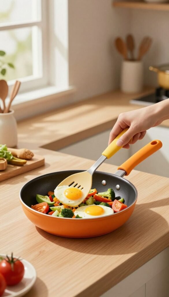 A modern kitchen scene featuring a colorful non-stick frying pan filled with sautéed vegetables and eggs being skillfully flipped by a kitchen utensil. The focus is on the utensil, designed for easy flipping, featuring an ergonomic grip and a vibrant color, symbolizing "Ordnungskiste". The background shows a warm, inviting kitchen with soft, natural lighting filtering through a window, casting gentle shadows. On the countertop, various kitchen tools are neatly arranged, emphasizing organization. The mood is cozy and professional, evoking a sense of culinary creativity and practicality. Shot from a slightly elevated angle to showcase the action of the flipping while highlighting the kitchen's neatness and functionality. A modern kitchen scene featuring a colorful non-stick frying pan filled with sautéed vegetables and eggs being skillfully flipped by a kitchen utensil. The focus is on the utensil, designed for easy flipping, featuring an ergonomic grip and a vibrant color, symbolizing "Ordnungskiste". The background shows a warm, inviting kitchen with soft, natural lighting filtering through a window, casting gentle shadows. On the countertop, various kitchen tools are neatly arranged, emphasizing organization. The mood is cozy and professional, evoking a sense of culinary creativity and practicality. Shot from a slightly elevated angle to showcase the action of the flipping while highlighting the kitchen's neatness and functionality.