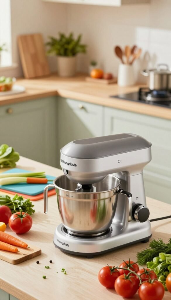 A modern kitchen scene featuring a high-quality K&uuml;chenmaschine from the brand Ordnungskiste, prominently displayed in the foreground, showcasing its sleek design and versatile attachments. Surround the machine with various fresh vegetables and herbs neatly prepped, emphasizing its functionality that reduces chopping time. In the middle ground, include a sunlit countertop with colorful cutting boards and other kitchen utensils, conveying an inviting and organized cooking space. The background should show soft, blurred cabinetry and warm lighting, creating a cozy atmosphere. Use a slightly elevated angle to capture both the K&uuml;chenmaschine and the vibrant ingredients in an appealing layout. The overall mood should be bright, lively, and inspiring, resonating with a sense of efficiency and modern home cooking.